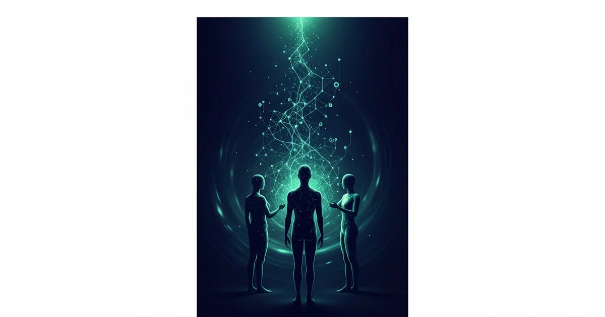 Siluetas humanas abstractas frente a una explosión de nodos interconectados con acentos de luz verde menta contra un fondo oscuro.