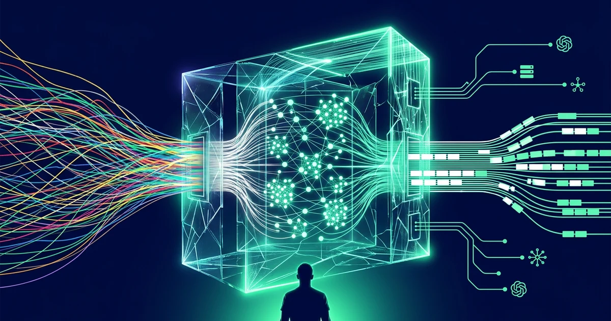 Una silueta humana a contraluz contempla un cubo central luminoso de color verde menta que procesa flujos de datos.
