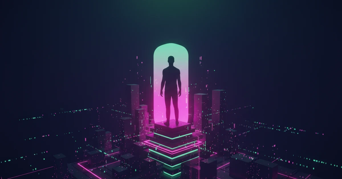 Una composición asimétrica y futurista en tonos oscuros, con una silueta humana a contraluz sobre un fondo degradado magenta y aguamarina.