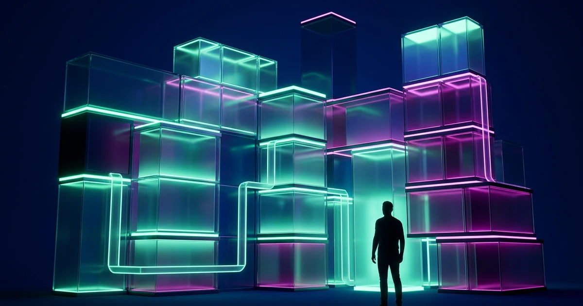 Estructura modular de cubos translúcidos iluminados con neón cian y magenta frente a una silueta humana a contraluz.