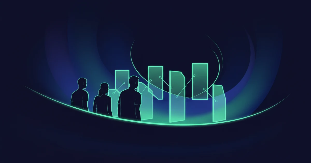 Abstract human silhouettes outlined against a gradient background in deep blue and bright mint green, with futuristic edge lighting.