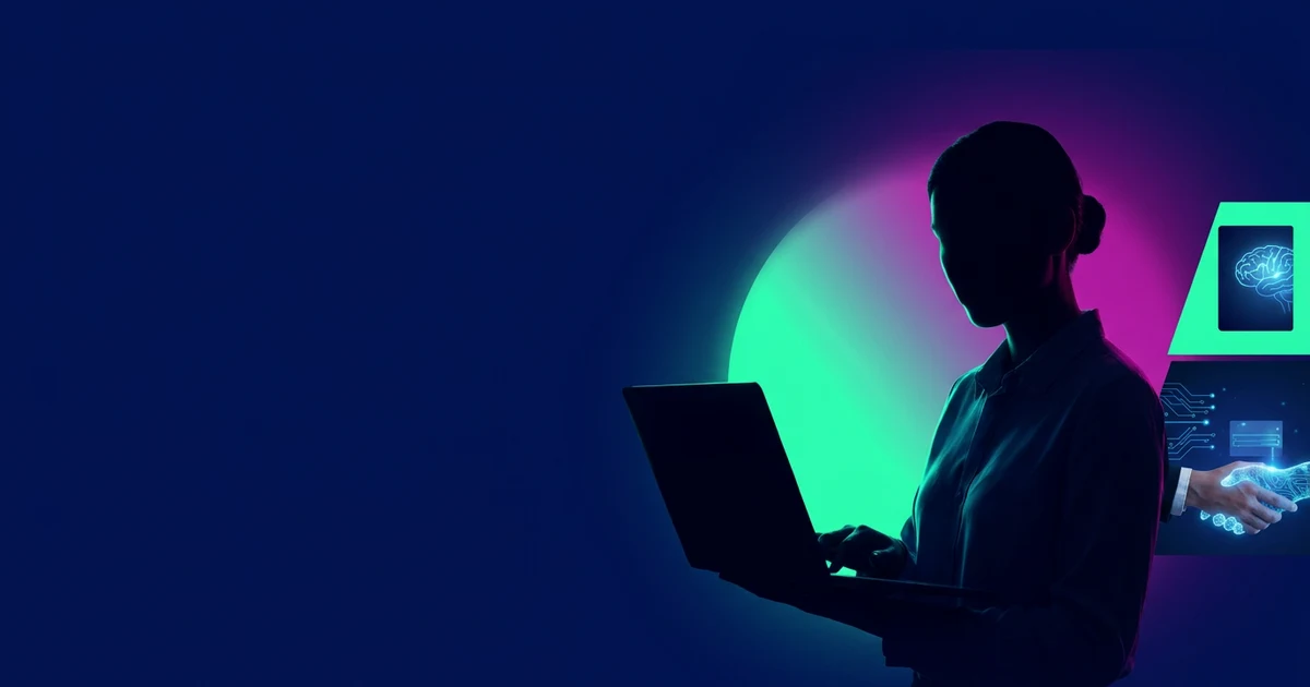 Silueta de mujer con portátil recortada contra círculo de luz cian y magenta con iconos de IA en fondo azul.