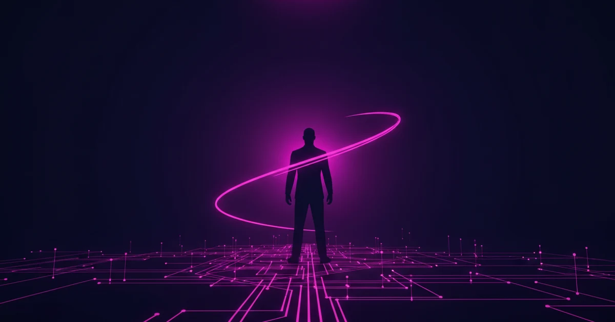 A silhouetted figure stands before an explosion of magenta light against a dark blue background, casting a long shadow in a futuristic environment.