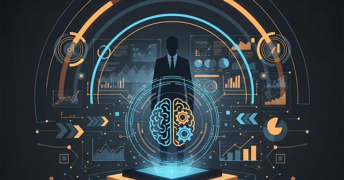 Silueta de una persona de traje sobre un pedestal iluminado, rodeada de paneles translúcidos con gráficas de barras, líneas y tortas, y un emblema circular mitad cerebro mitad engranaje al frente — composición editorial en paleta oscura con arcos azules y naranjas
