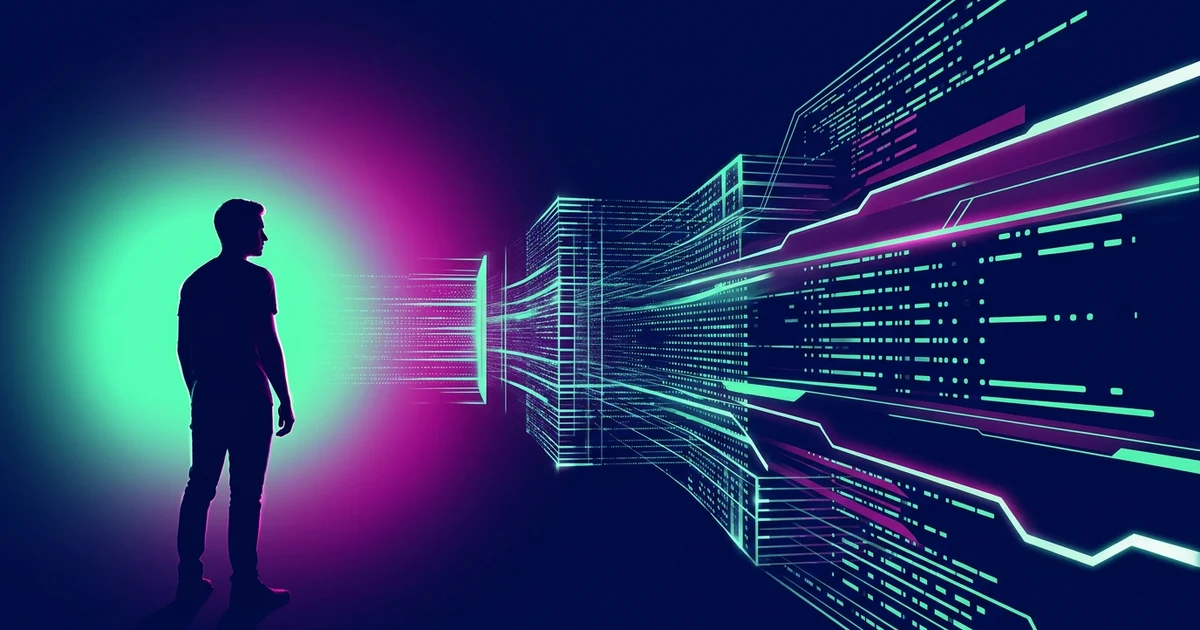 Silueta de un hombre contemplando flujos luminosos de datos digitales y códigos geométricos en tonos cian y magenta
