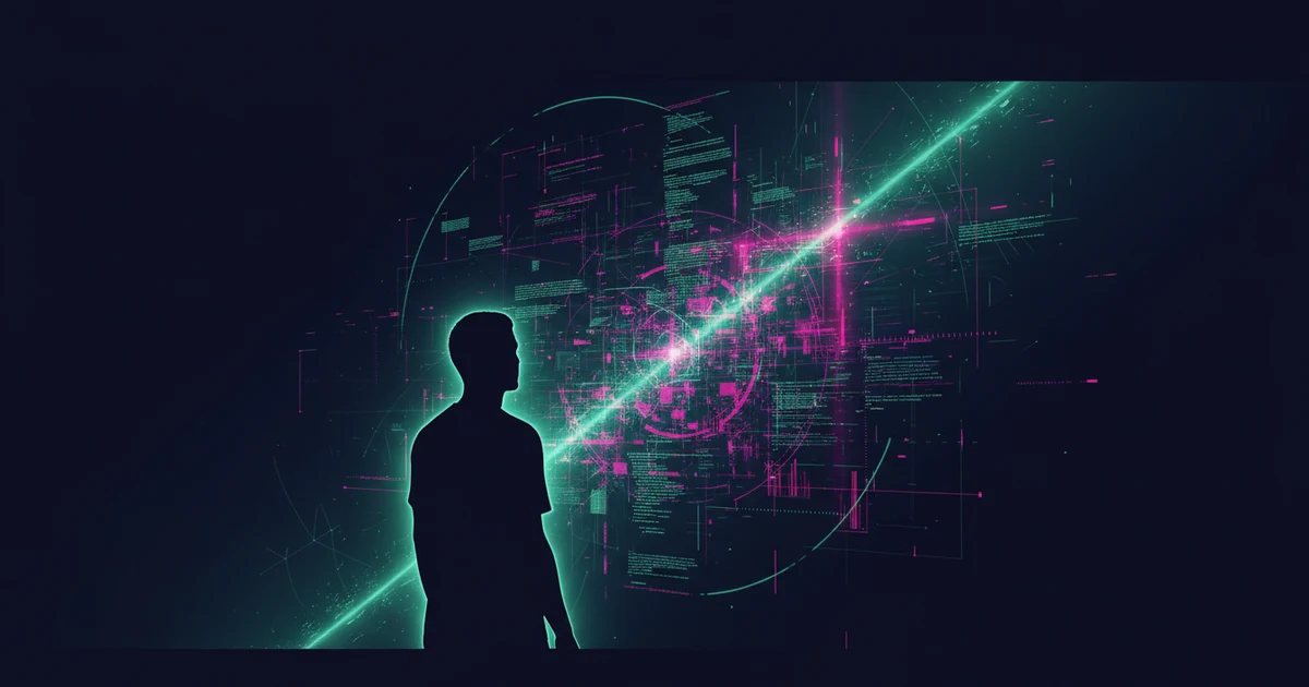 A backlit silhouette looks at a complex data map with luminous mint-green and magenta lines against a dark blue background.