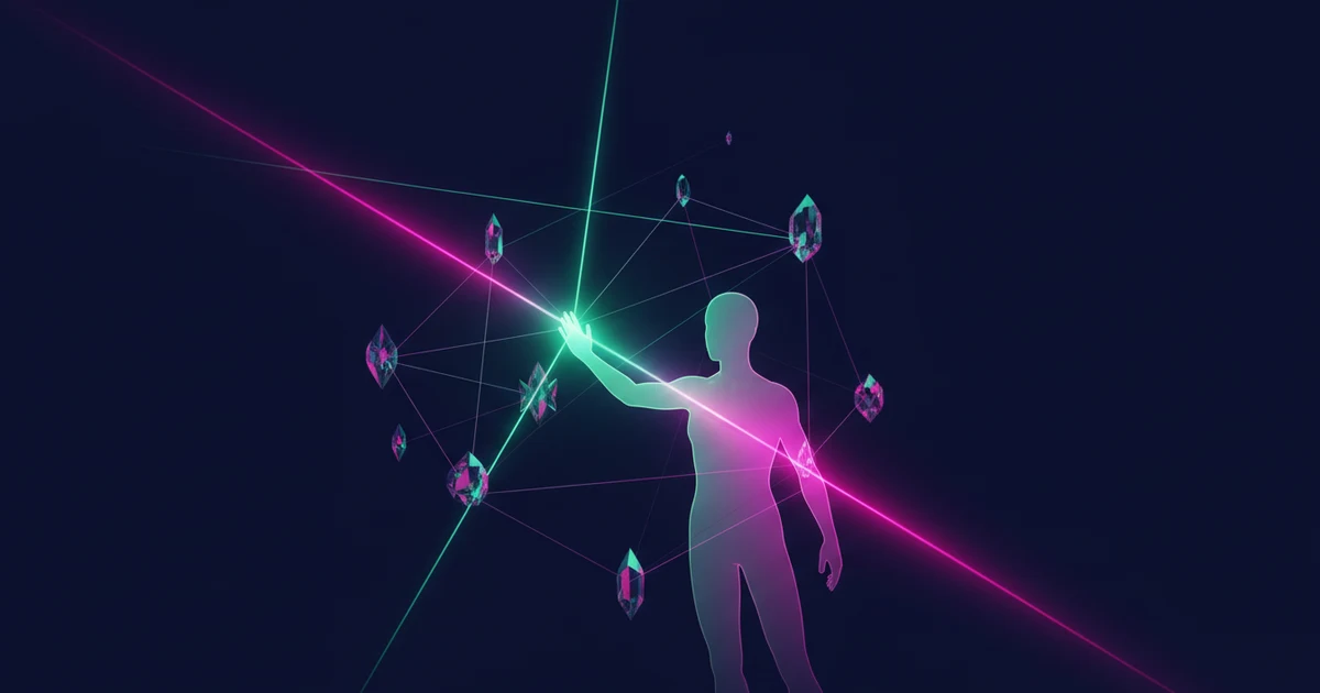 An abstract silhouette interacts with lines of neon green and magenta light against a dark marine background with a dramatic gradient.