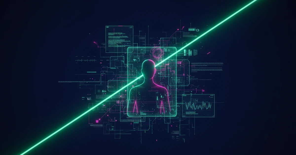 A diffuse silhouette of a human figure among threads of electric green and magenta light on a dark blue background, with an asymmetrical composition and sharp contrast.