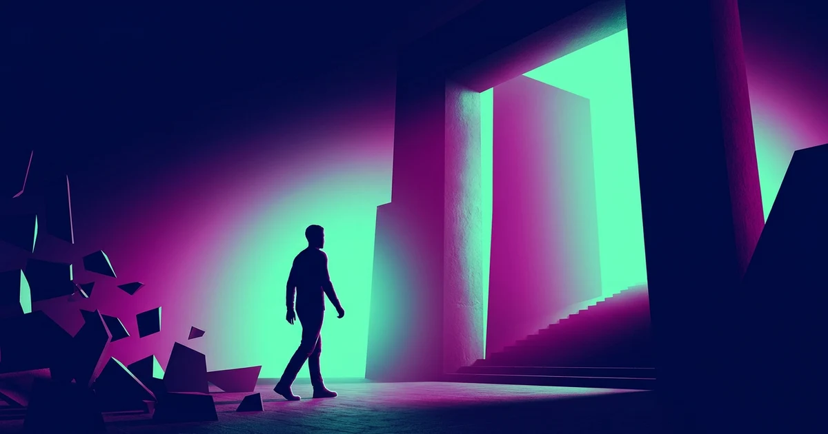 Una silueta humana a contraluz camina hacia una gran abertura geométrica con un intenso degradado de magenta y verde menta.