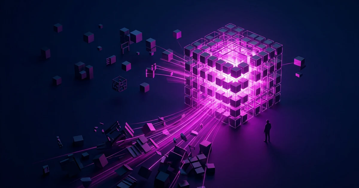 Cubo gigante brillante de color magenta que emite haces de luz hacia bloques dispersos ante una silueta humana