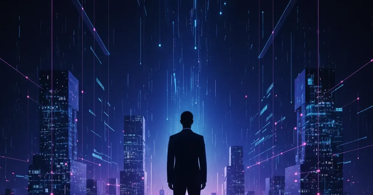 Silueta de una persona de traje, de espaldas, frente a una ciudad nocturna de rascacielos iluminados atravesada por líneas y trazos de luz azules y magenta