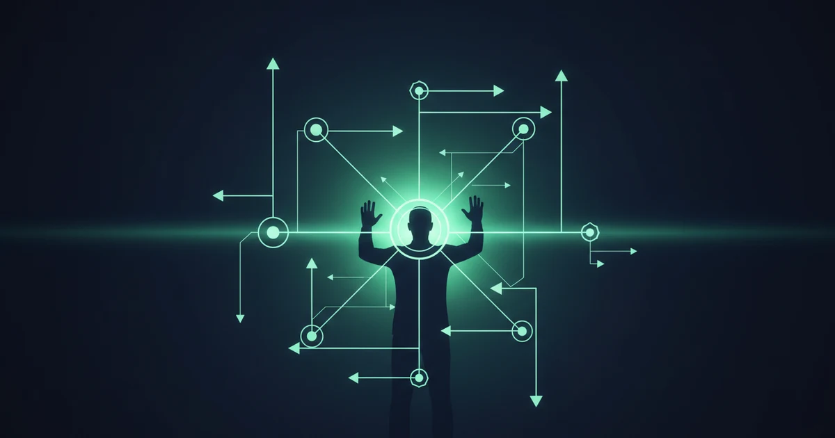 Silueta de una persona interconectada con un diagrama de flujo y flechas luminosas en tonos menta contra un fondo oscuro.