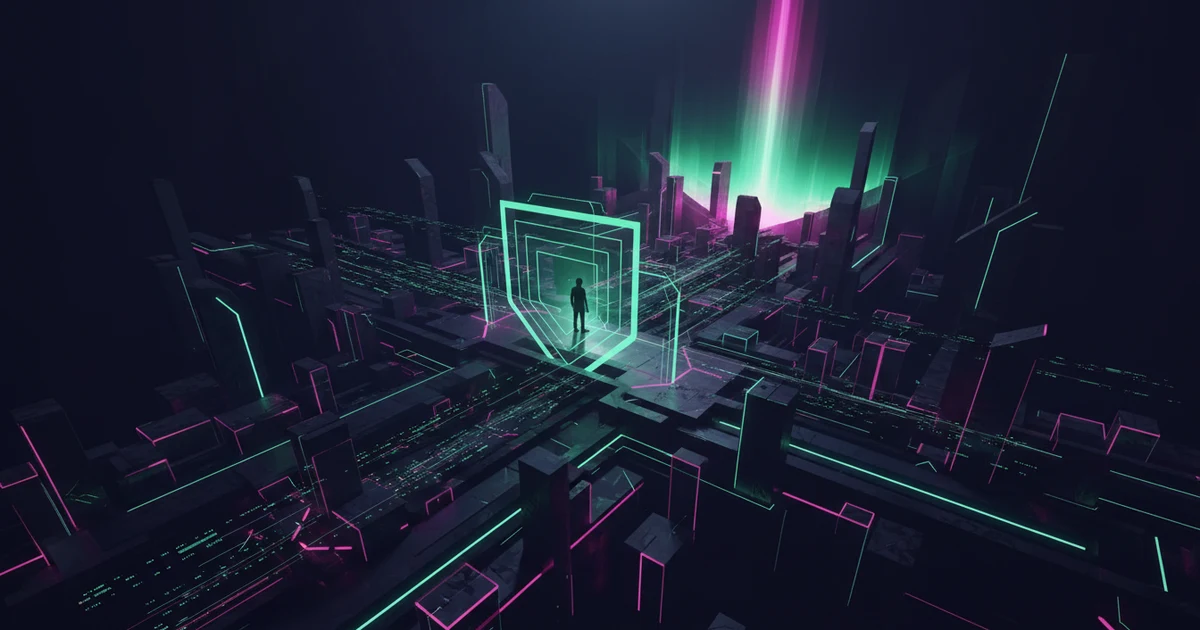Un paisaje oscuro de ciencia ficción con estructuras geométricas iluminadas por luces de neón mint-green y magenta.