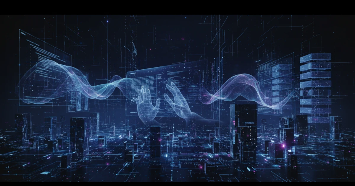 Manos holográficas translúcidas entre ondas de luz azul y magenta sobre una ciudad de circuitos y bloques de datos — composición editorial en paleta oscura