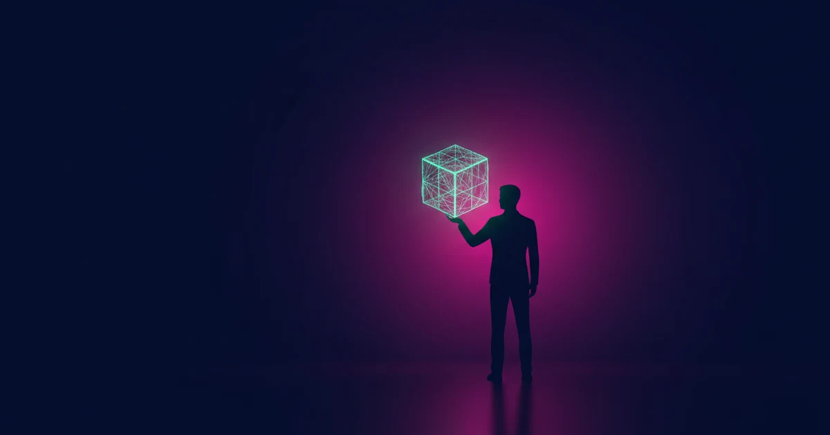 A futuristic composition with a backlit silhouetted figure, highlighted by vibrant magenta light against a dark blue background.