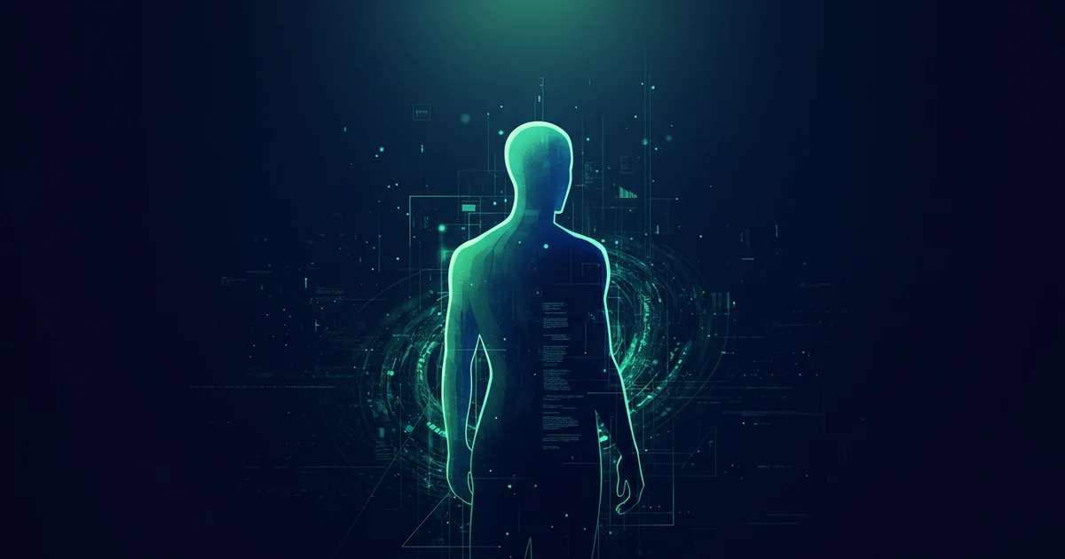 A backlit abstract figure stands against a dark blue background with flashes of green light, evoking a futuristic data environment.