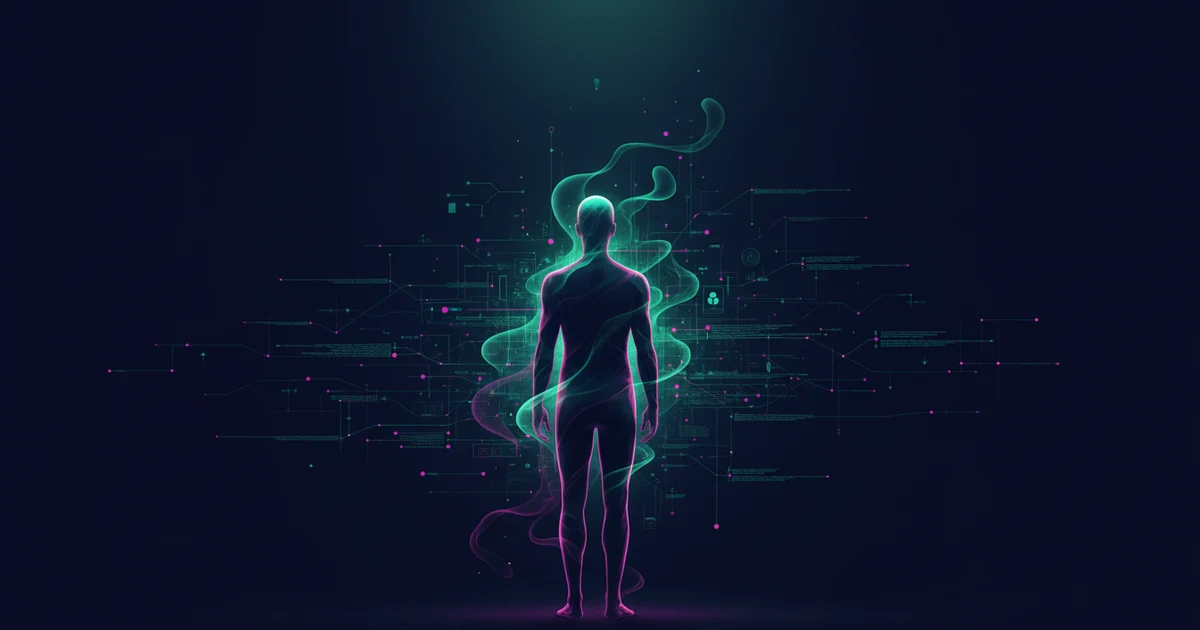 An abstract human silhouette set against a vibrant gradient of deep blue and magenta with emerald highlights.