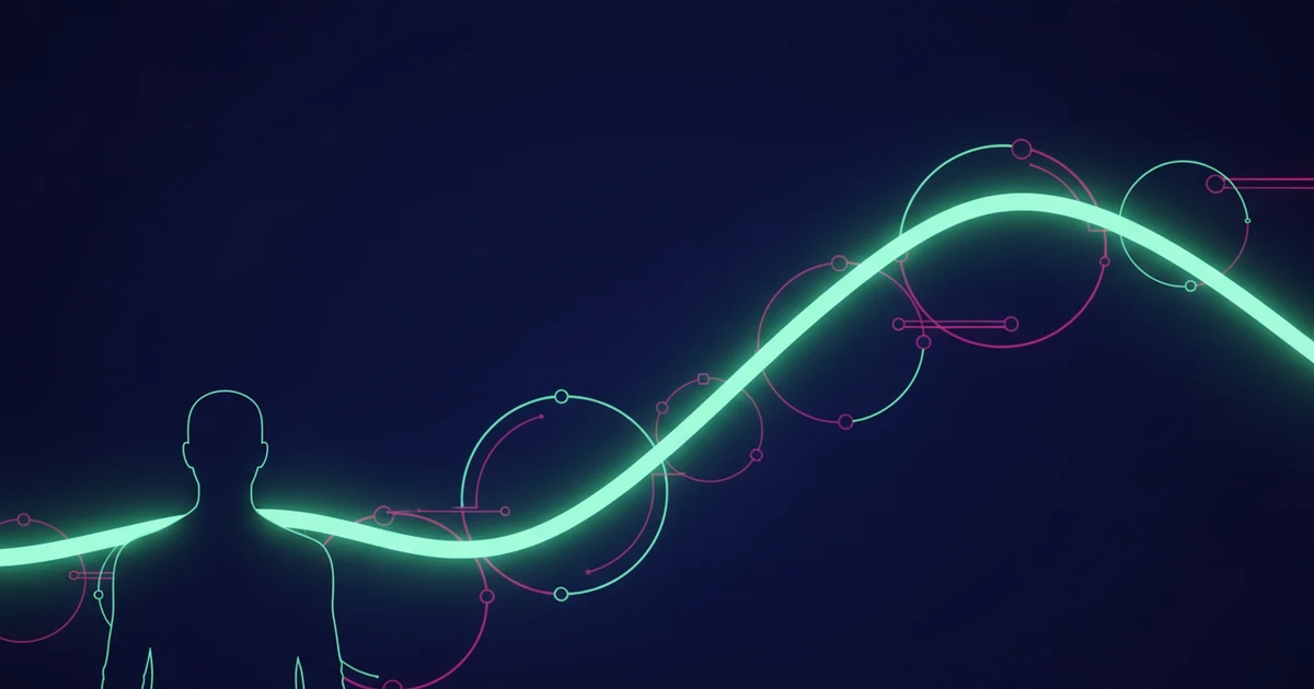 Una silueta humana oscura se fusiona con una curva ascendente de color menta brillante y círculos magenta.