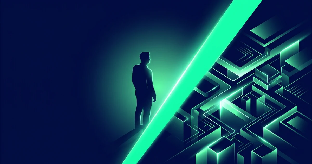 Una silueta humana a contraluz observa una estructura isométrica compleja y brillante dividida por un haz diagonal verde menta.