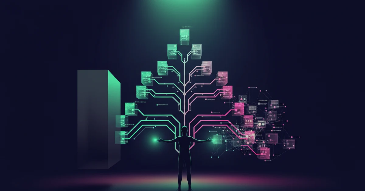 Una figura oscura se alza frente a un árbol de datos con ramas de neón verde y magenta, proyectando luz en un espacio oscuro.