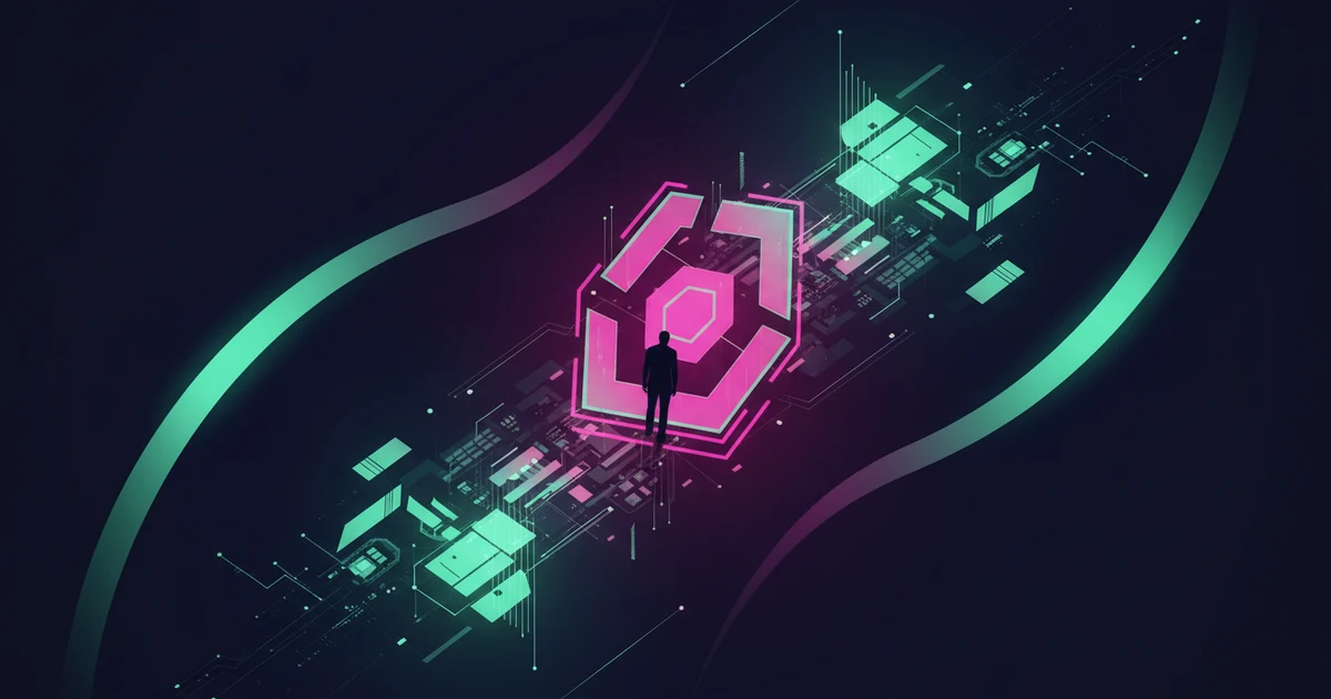 An abstract futuristic landscape with geometric shapes and neon lights in mint and magenta tones against a dark blue background.