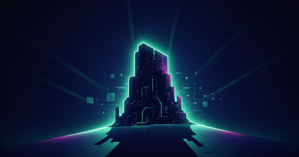 An abstract urban landscape lit with mint-green and magenta neon accents against a dark blue background.