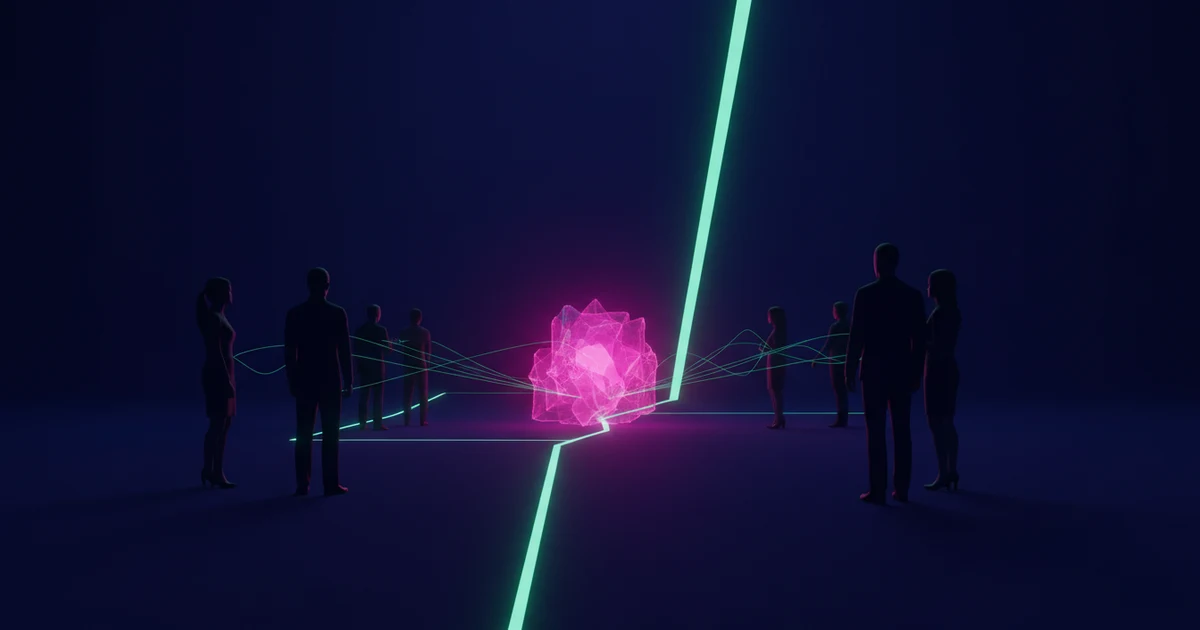 Siluetas en contraluz emergiendo de un fondo azul profundo con acentos de luz verde menta y magenta, creando un efecto de profundidad futurista.