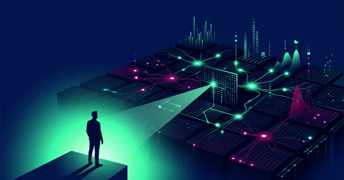 Human silhouette on a platform projects a green beam toward a network of glowing nodes on dark blocks