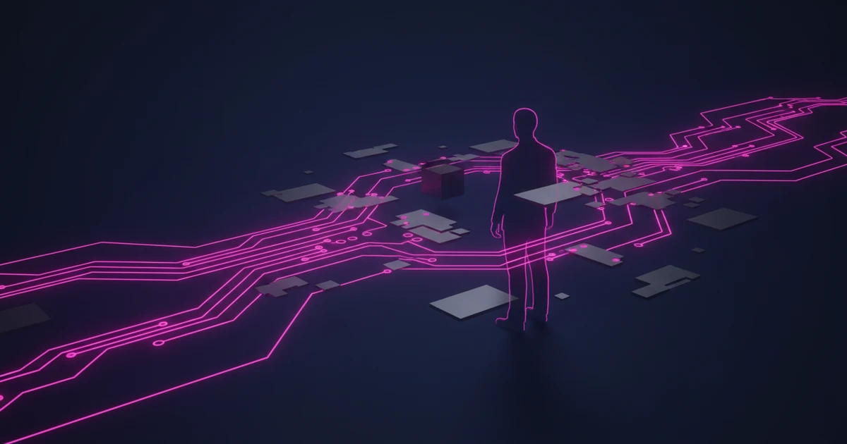Escena asimétrica con elementos abstractos en tonos profundos de azul y un acento vibrante de luz magenta, creando un ambiente futurista.