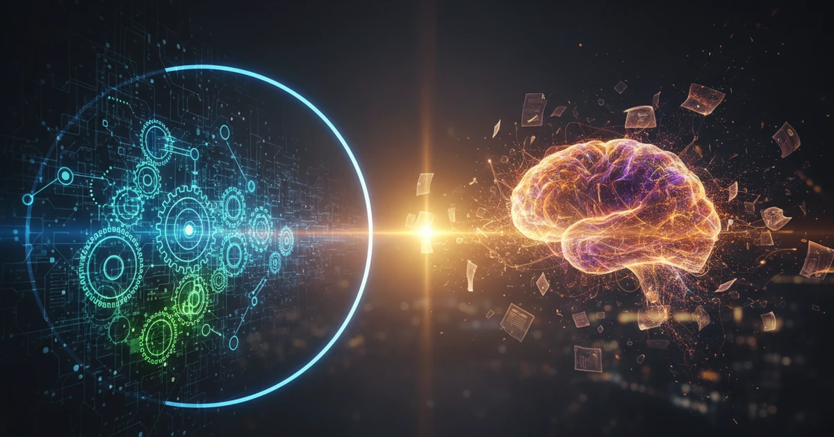 Contraste entre un círculo de engranajes turquesa sobre circuitos (RPA) y un cerebro de fibras luminosas naranjas rodeado de documentos dispersos (IA), separados por un haz de luz cálida