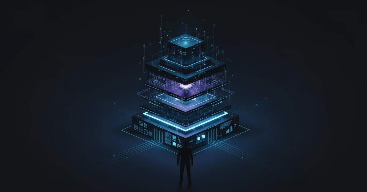 Ilustración isométrica de una pirámide de capas tecnológicas superpuestas, iluminadas en azul y violeta sobre fondo oscuro, con líneas de conexión entre los niveles y la silueta de una persona de pie frente a la capa base.