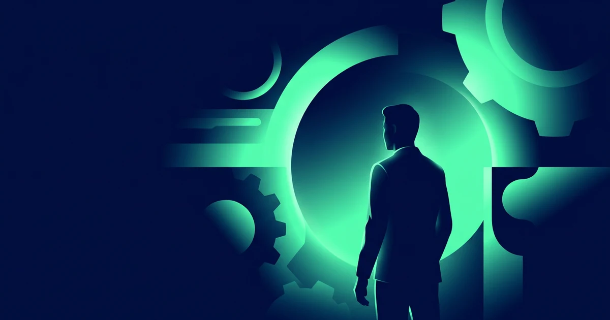 Una silueta masculina a contraluz contempla una estructura de engranajes abstractos iluminados por un intenso resplandor verde menta sobre un fondo azul oscuro.