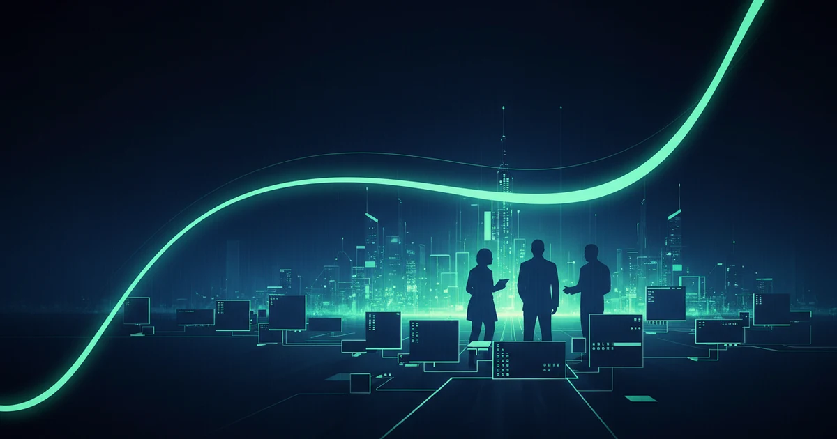 Silhouettes of three people in front of a futuristic city with a bright ascending streak of mint light.