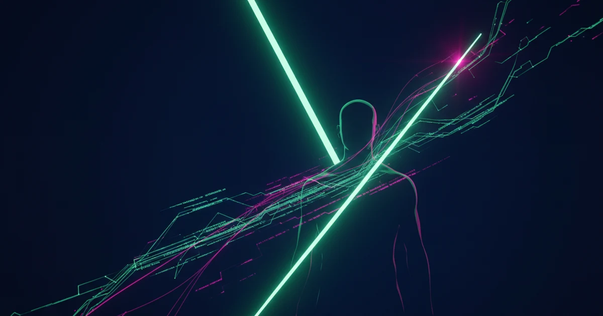 Lines of code flow through an abstract composition of bright mint green and magenta against a deep blue background.